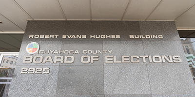 The front façade of the Cuyahoga County Board of Elections Headquarters