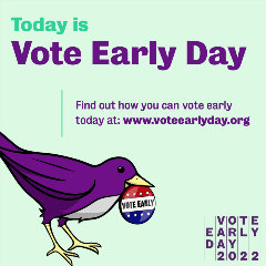 Image saying "Vote Early Day: Find out how you can vote early today at www.voteearlyday.org" with a purple bird holding a "Vote Early" sticker in its beak